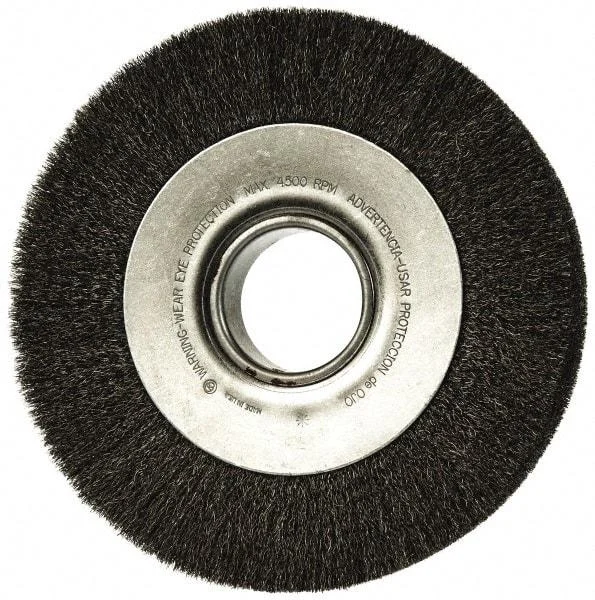 Anderson - 8" OD, 2" Arbor Hole, Crimped Steel Wheel Brush - 1-5/8" Face Width, 1-1/2" Trim Length, 0.006" Filament Diam, 4,500 RPM