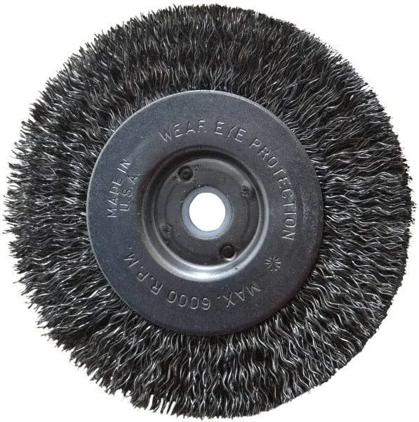 Anderson - 4" OD, 1/2" Arbor Hole, Crimped Steel Wheel Brush - 11/32" Face Width, 13/16" Trim Length, 0.014" Filament Diam, 6,000 RPM