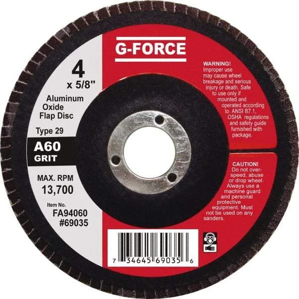 Value Collection - 60 Grit, 4" Disc Diam, 5/8" Center Hole, Type 29 Aluminum Oxide Flap Disc - 13,500 Max RPM, Fiberglass Backing, Arbor Attaching System, Coated