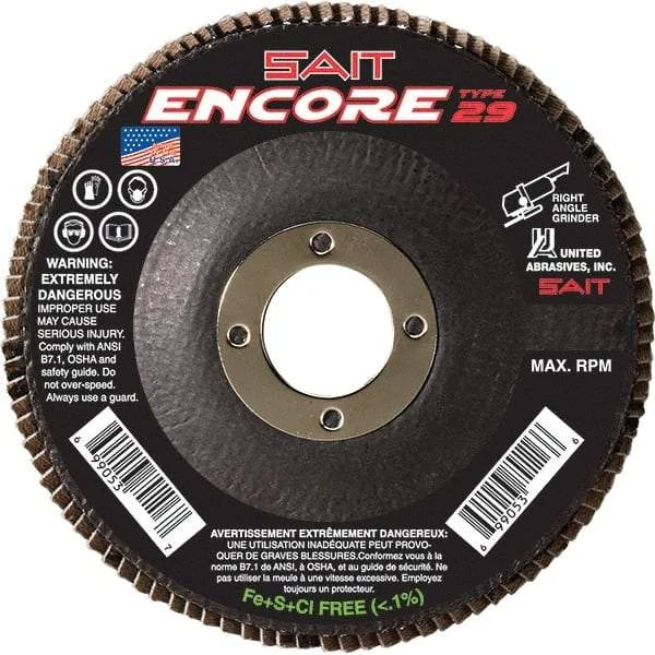 Sait - 36 Grit, 5" Disc Diam, 7/8" Center Hole, Type 27 Zirconia Alumina Flap Disc - 12,200 Max RPM, Fiberglass Backing, Arbor Attaching System, Coated