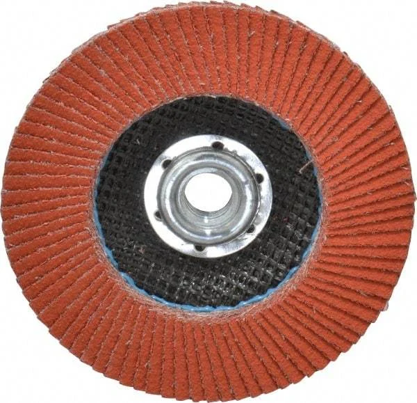 3M - 80 Grit, 4-1/2" Disc Diam, 5/8-11 Center Hole, Type 27 Ceramic Flap Disc - 13,300 Max RPM, Cloth Backing, Arbor Attaching System, Coated