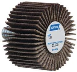 Norton - 1" Diam x 5/8" Face Width, Fine Aluminum Oxide Coated Mounted Flap Wheel - 1/4-20 Threaded Mount, 120 Grit, Cloth Backing, 30,000 Max RPM