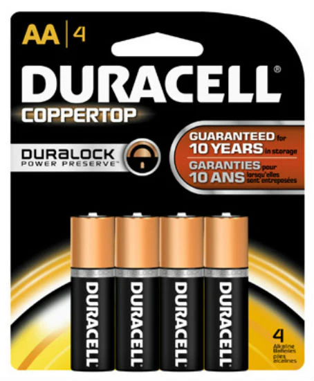 Duracell MN1500B4Z Copper Top Alkaline AA Battery, 1.5 Volt, 4-Pack