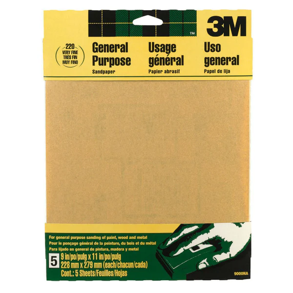 3M 9000 Aluminum Oxide General Purpose Sandpaper, 9" x 11", 220 Grit,