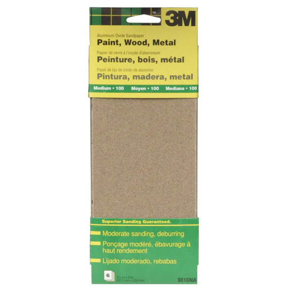 3M 9016 Aluminum Oxide Sandpaper Sheet, 3-2/3" x 9", Medium 100 Grit,