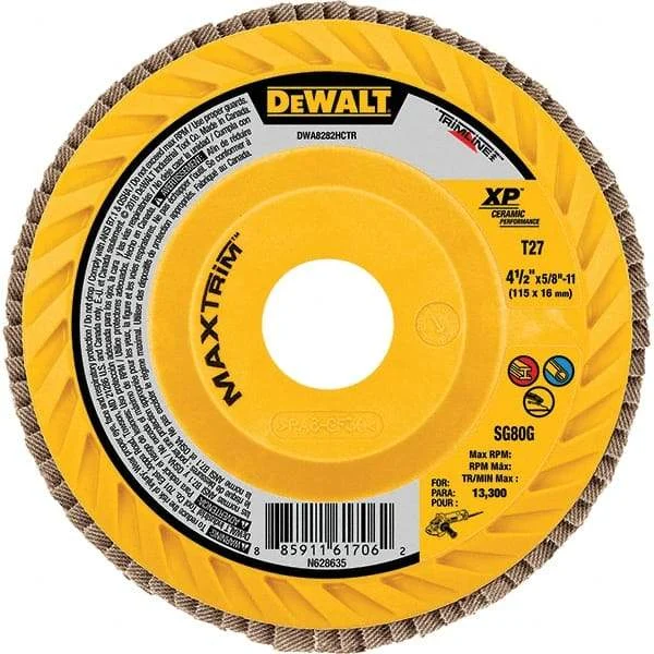 DeWALT - 40 Grit, 4-1/2" Disc Diam, Type 27 Ceramic Flap Disc - 13,300 Max RPM, Poly Cotton Backing, Arbor Attaching System, Coated