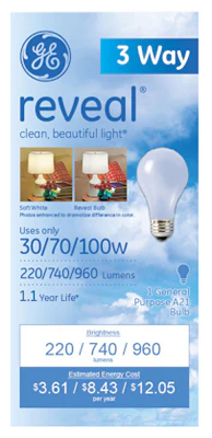 GE Lighting 97784 Reveal 3-Way Incandescent A21 Bulb, Soft White, 30/