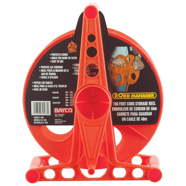 Bayco K-100 Cord Storage Reel with Stand, Holds Up To 150' Cord, Orang