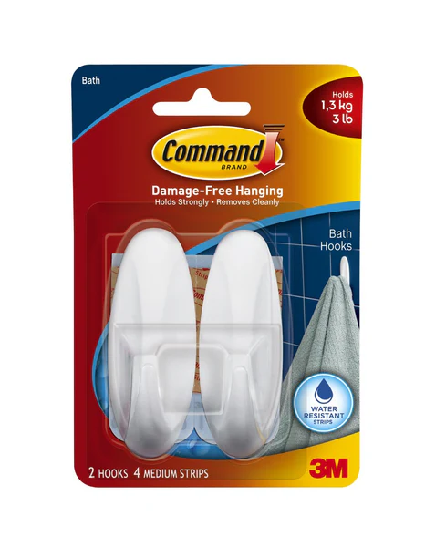 Command 17081B Molded Plastic Bath Designer Hook, Medium, White, 2-Cou