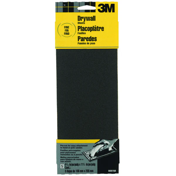 3M 9091 Drywall Sanding Sheet Sandpaper, 4-3/16" x 11-1/4", Fine, 5-Pa