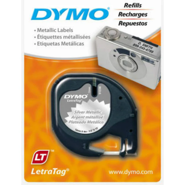 DYMO 91338 LetraTag Metallic Silver Easy-To-Peel Labels, 1/2" x 13'