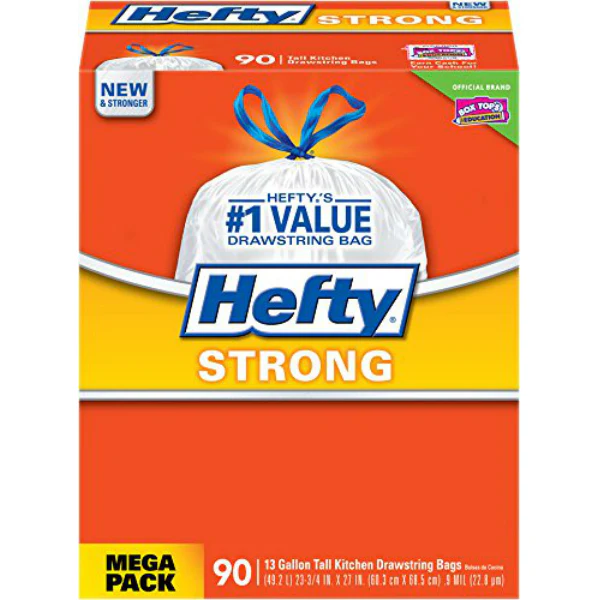 Hefty E84574 Strong Drawstring Tall Kitchen Trash Bags, White, 13-Gal,