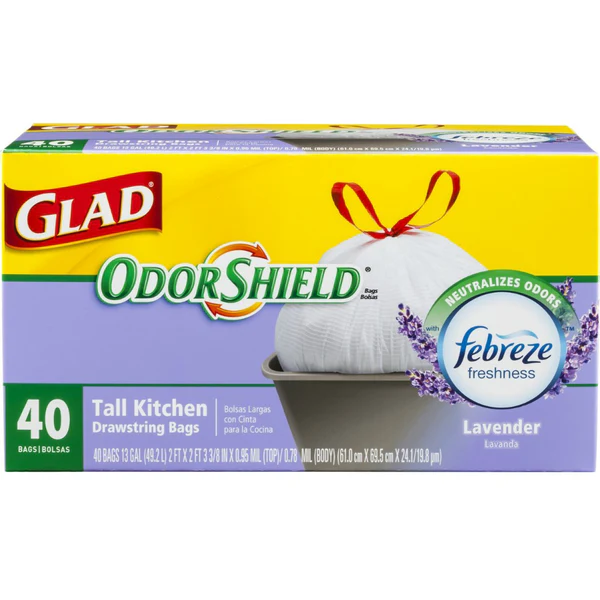 Glad 78459 OdorShield Lavender Scent Tall Kitchen Drawstring Bag, 13-