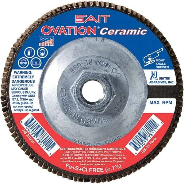 Sait - 40 Grit, 4-1/2" Disc Diam, 5/8-11 Center Hole, Type 27 Ceramic Flap Disc - 13,300 Max RPM, Plastic Backing, Arbor Attaching System, Coated