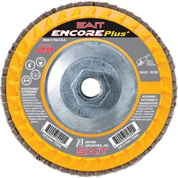 Sait - 36 Grit, 4-1/2" Disc Diam, 5/8-11 Center Hole, Type 29 Zirconia Alumina Flap Disc - 13,300 Max RPM, Plastic Backing, Arbor Attaching System, Coated