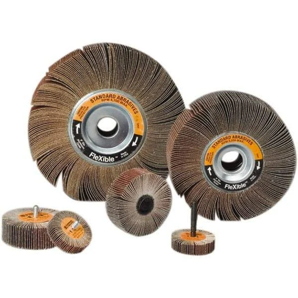 Standard Abrasives - 1" Diam x 1" Face Width, Medium Aluminum Oxide Coated Mounted Flap Wheel - 1/4-20 Threaded Mount, 60 Grit, 30,000 Max RPM