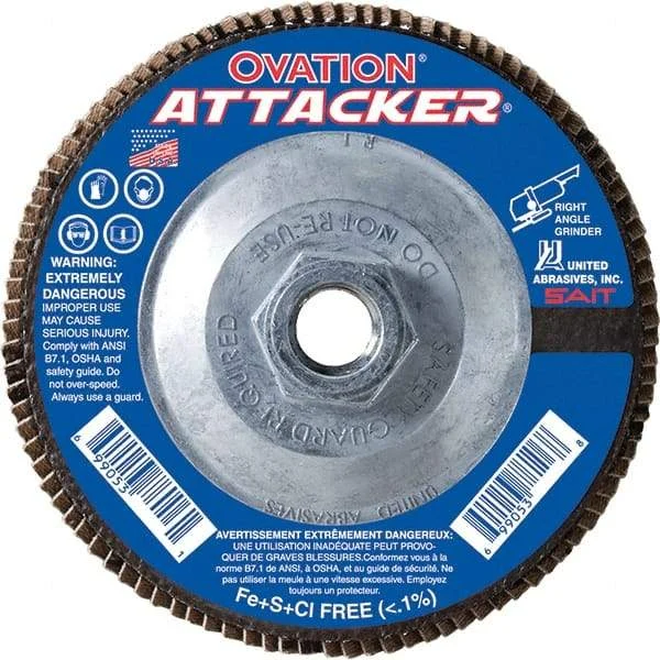Sait - 120 Grit, 5" Disc Diam, 5/8-11 Center Hole, Type 27 Zirconia Alumina Flap Disc - 12,200 Max RPM, Fiberglass Backing, Arbor Attaching System, Coated