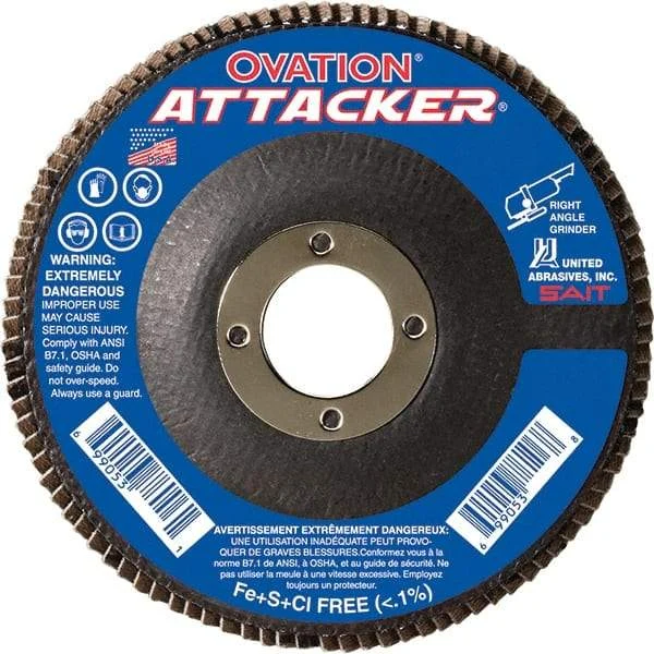 Sait - 120 Grit, 5" Disc Diam, 7/8" Center Hole, Type 27 Zirconia Alumina Flap Disc - 12,200 Max RPM, Fiberglass Backing, Arbor Attaching System, Coated