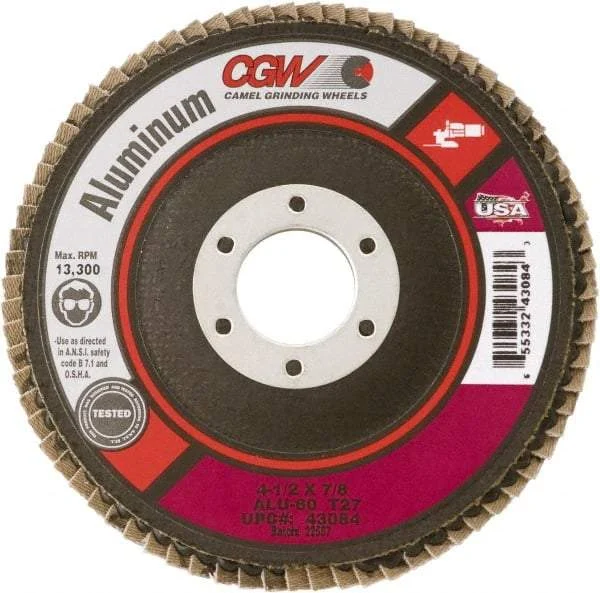 Camel Grinding Wheels - 36 Grit, 5" Disc Diam, 5/8-11 Center Hole, Type 29 Aluminum Oxide Flap Disc - 12,200 Max RPM, Polyester Backing, Arbor Attaching System, Coated