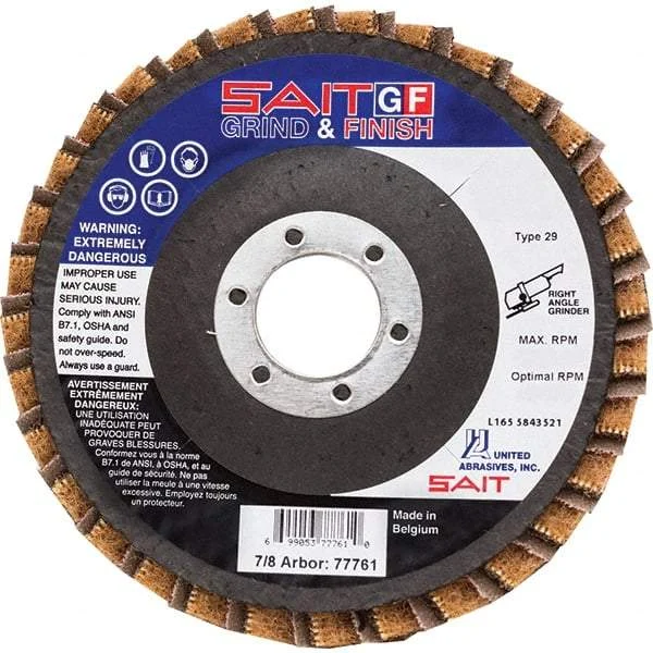 Sait - 150 Grit, 4-1/2" Disc Diam, 7/8" Center Hole, Type 29 Aluminum Oxide Flap Disc - 13,300 Max RPM, Fiberglass Backing, Arbor Attaching System, Coated & Non-Woven Combo