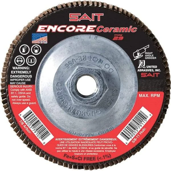 Sait - 36 Grit, 4-1/2" Disc Diam, 5/8-11 Center Hole, Type 29 Ceramic Flap Disc - 13,300 Max RPM, Fiberglass Backing, Arbor Attaching System, Coated