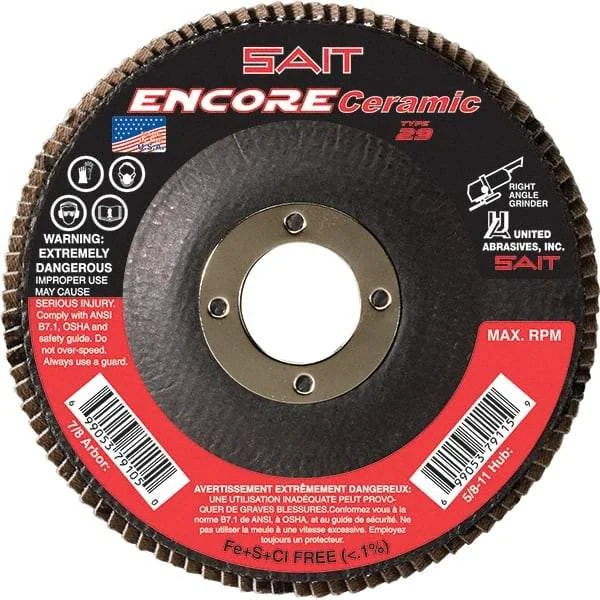 Sait - 36 Grit, 4-1/2" Disc Diam, 7/8" Center Hole, Type 29 Ceramic Flap Disc - 13,300 Max RPM, Fiberglass Backing, Arbor Attaching System, Coated