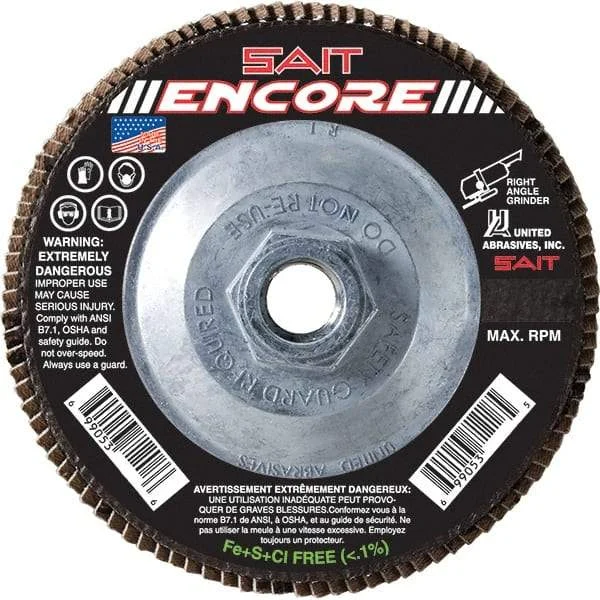 Sait - 36 Grit, 4-1/2" Disc Diam, 5/8-11 Center Hole, Type 27 Zirconia Alumina Flap Disc - 13,300 Max RPM, Fiberglass Backing, Arbor Attaching System, Coated