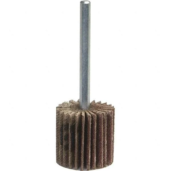 Norton - 1-1/2" Diam x 1" Face Width, Medium Aluminum Oxide Coated Mounted Flap Wheel - 1/4" Shank Mount, 120 Grit, Y Weighted Cloth Backing, 25,000 Max RPM