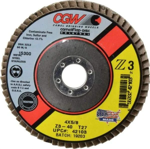 Camel Grinding Wheels - 40 Grit, 4" Disc Diam, 5/8" Center Hole, Type 27 Zirconia Alumina Flap Disc - 15,300 Max RPM, Poly Cotton Backing, Arbor Attaching System, Coated
