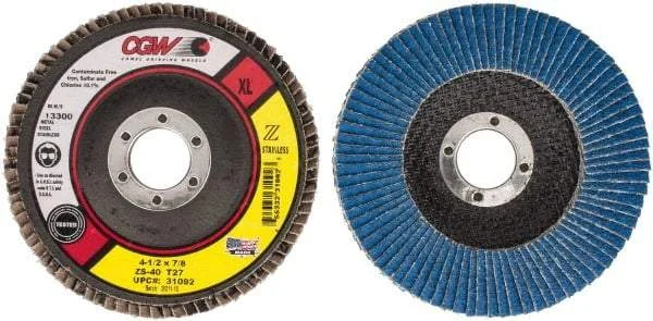 Camel Grinding Wheels - 40 Grit, 4-1/2" Disc Diam, 7/8" Center Hole, Type 27 Zirconia Alumina Flap Disc - 13,300 Max RPM, Polyester Backing, Arbor Attaching System, Coated