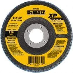 DeWALT - 40 Grit, 4-1/2" Disc Diam, 7/8" Center Hole, Type 27 Zirconia Alumina Flap Disc - 13,300 Max RPM, Cloth Backing, Arbor Attaching System, Coated