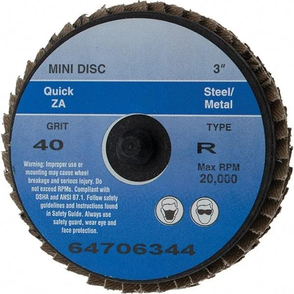 Value Collection - 40 Grit, 3" Disc Diam, Type 27 Zirconia Alumina Flap Disc - Quick Change Type R Attaching System, Coated