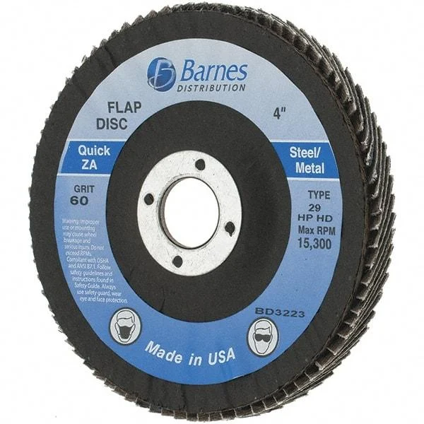 Value Collection - 80 Grit, 4" Disc Diam, 5/8" Center Hole, Type 29 Zirconia Alumina Flap Disc - Arbor Attaching System, Coated