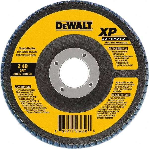 DeWALT - 40 Grit, 7" Disc Diam, 7/8" Center Hole, Type 27 Zirconia Alumina Flap Disc - 8,700 Max RPM, Cloth Backing, Arbor Attaching System, Coated
