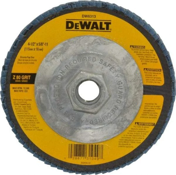 DeWALT - 80 Grit, 4-1/2" Disc Diam, 5/8-11 Center Hole, Type 29 Zirconia Alumina Flap Disc - 13,300 Max RPM, Fiberglass Backing, Arbor Attaching System, Coated