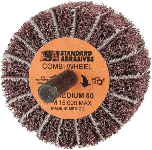 Standard Abrasives - 2" Diam x 1" Face Width, Medium Aluminum Oxide Coated Mounted Flap Wheel - 1/4" Shank Mount, 80 Grit, 15,000 Max RPM