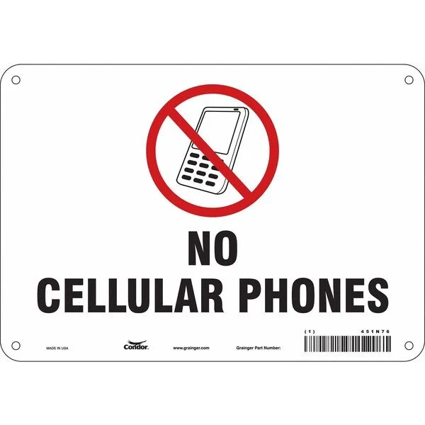 Safety Sign Cell Phone, 7 in H, 10 in W, Polyethylene, Vertical Rectangle, English, 451N76