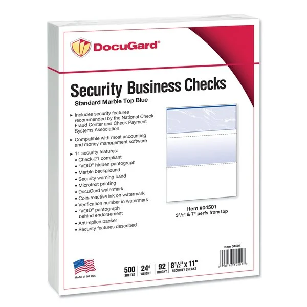 Security Paper Check, 24 lb., Blue, PK500